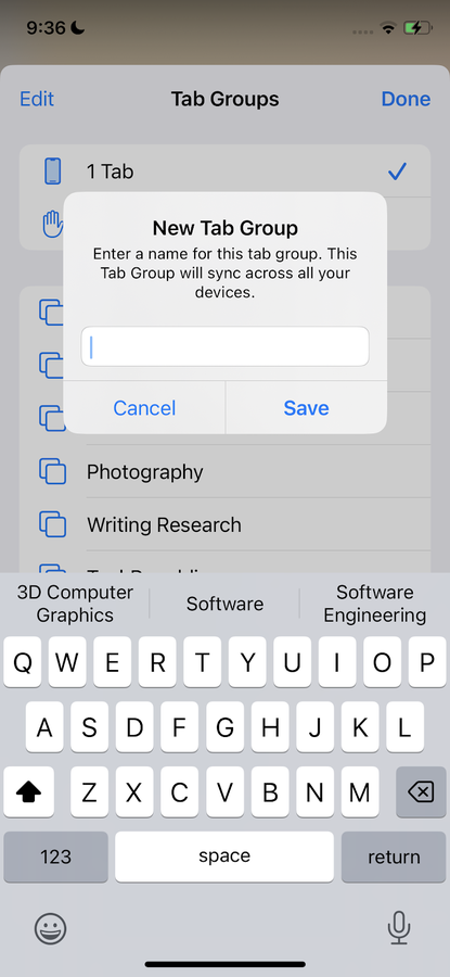 Tab Group name pop-up on iOS 16
