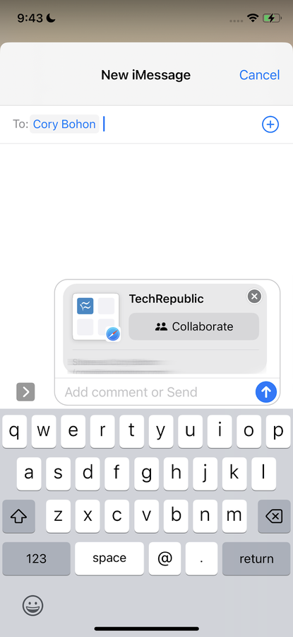 a new message open on an iphone with a link to the tab group in the message field