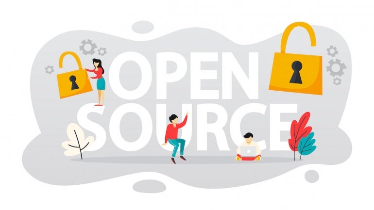Open source concept. Free software. Download and install file for free. Flat vector illustration