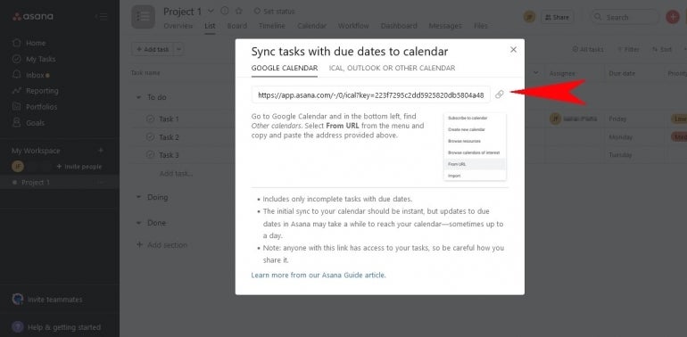 Sync tasks with due dates to calendar menu pop-up