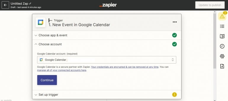 New Event in Google Calendar configuration menu