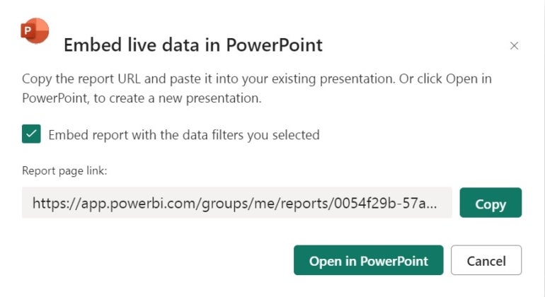 Copy the URL for the Power BI report using Share.