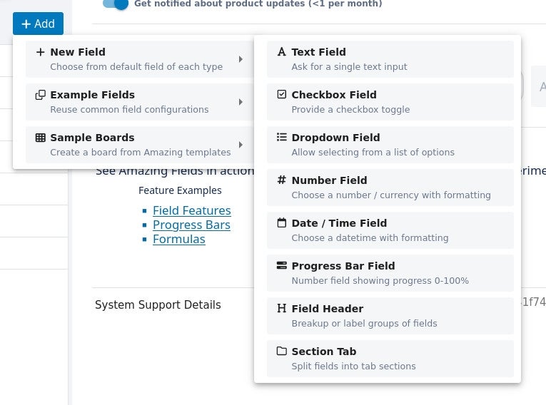 navigating to the Section Tab option in the Amazing Fields pop-up