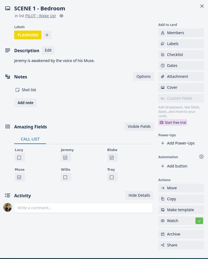 Section Tab with Checkbox Fields in Trello