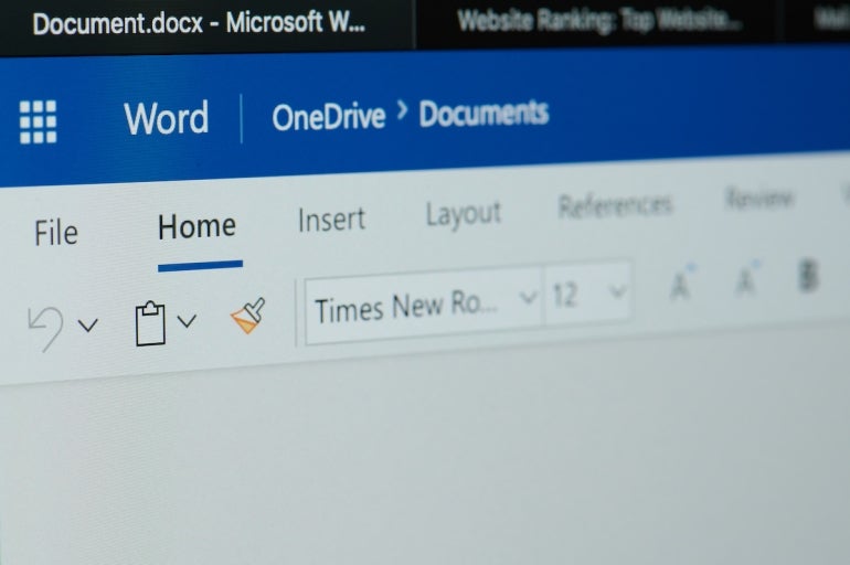 Microsoft word office online menu on laptop screen close up