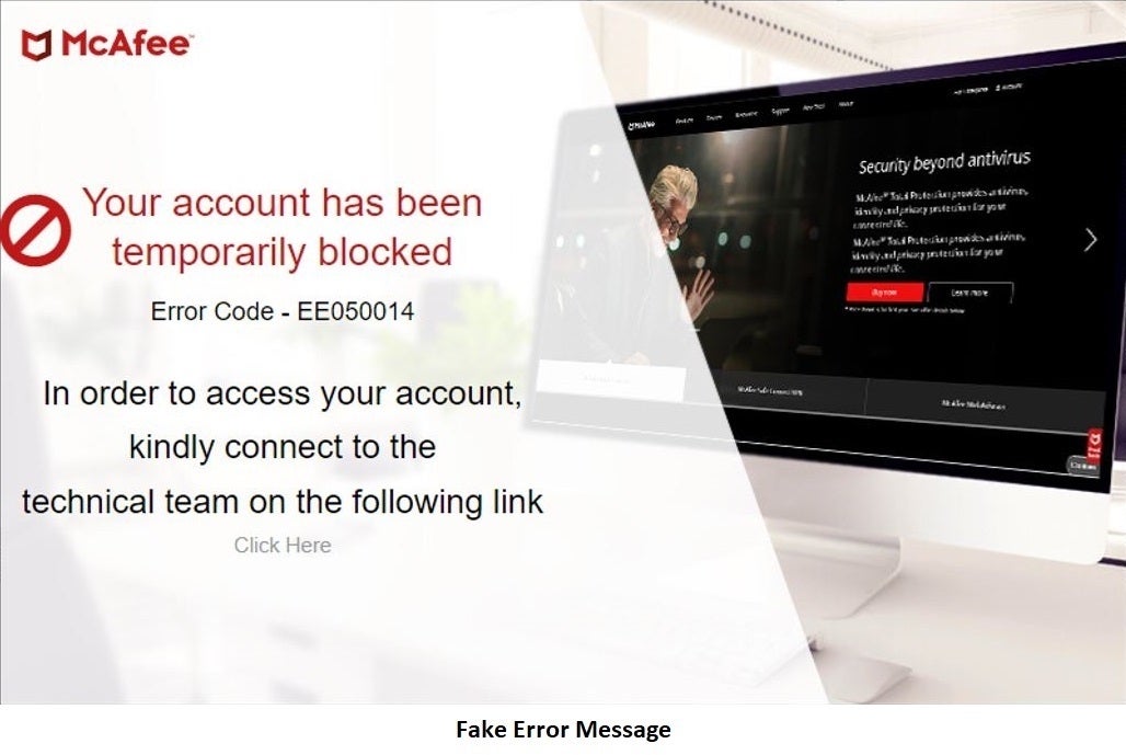 Fake error message shown from a fake website created by the scammers. 