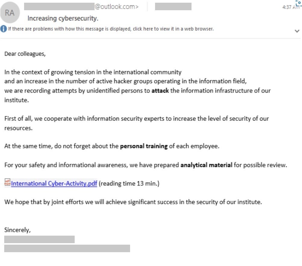Sample email containing malicious content sent to a target.