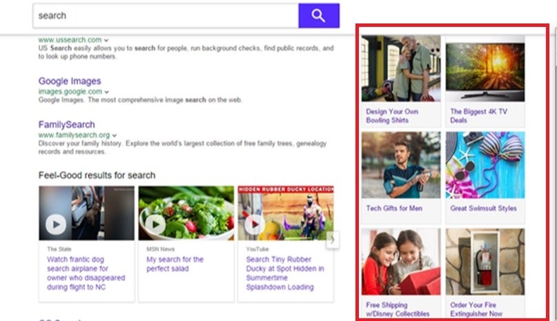 Advertisements pushed in a search result page inside the user's browser. 