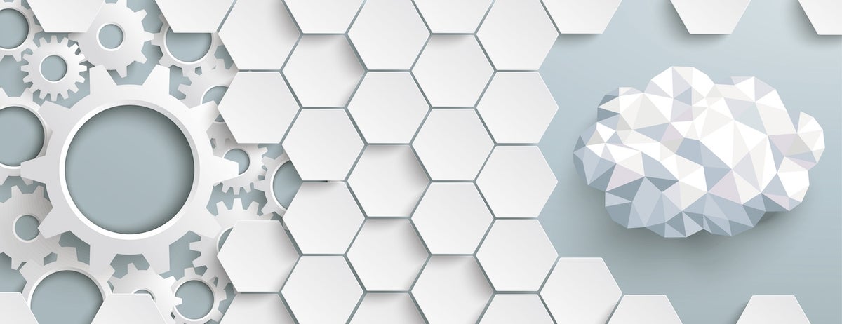 Hexagon structure with gears and cloud on the gray background. Eps 10 vector file.