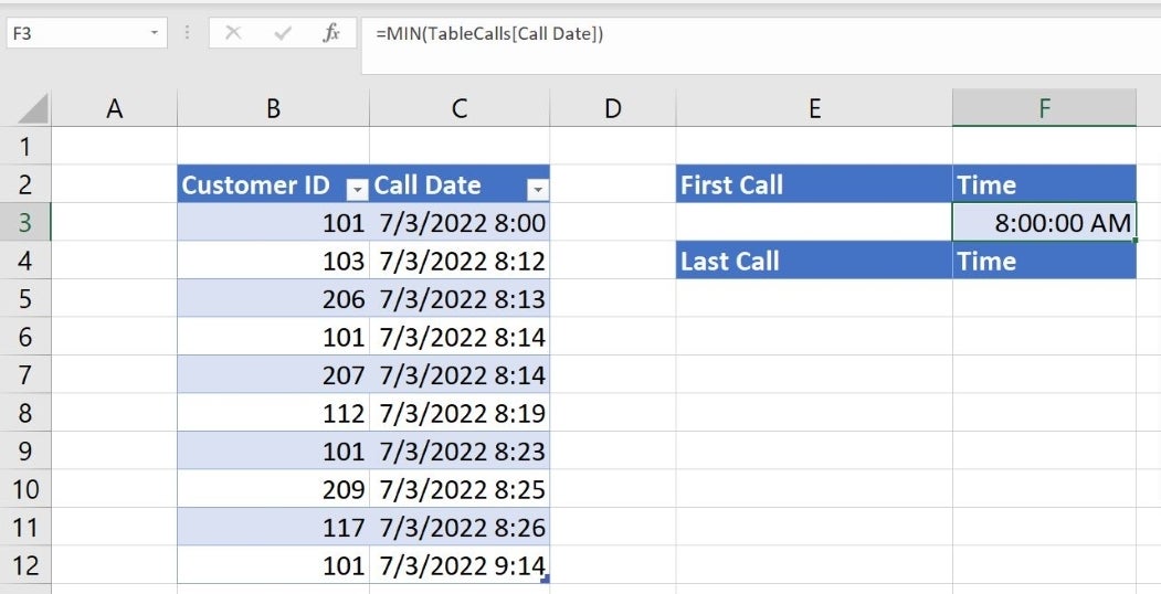 Excel test date with cell 3F highlighted