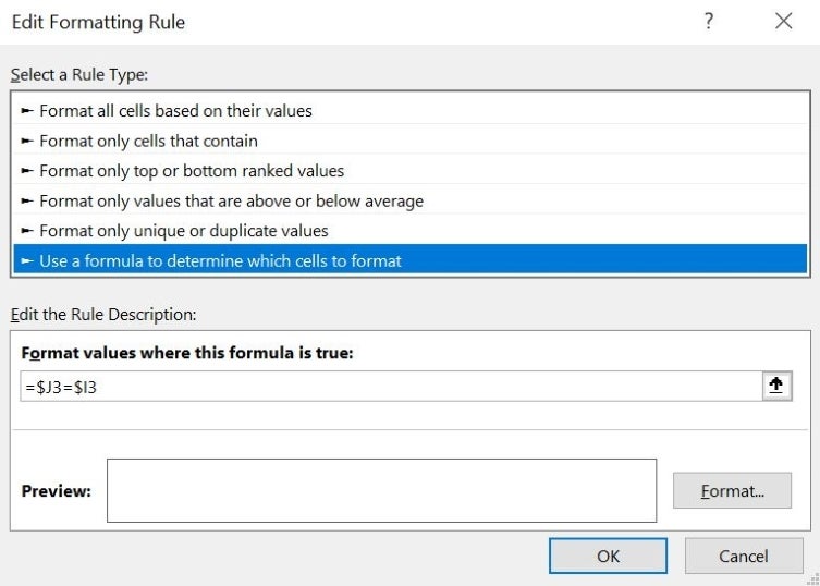 Select a Rule Type menu open in Excel with Use a formula to determine which cells to format selected