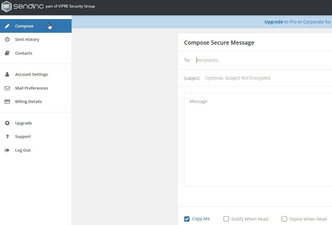 Blank Compose Secure Message page in Sendinc