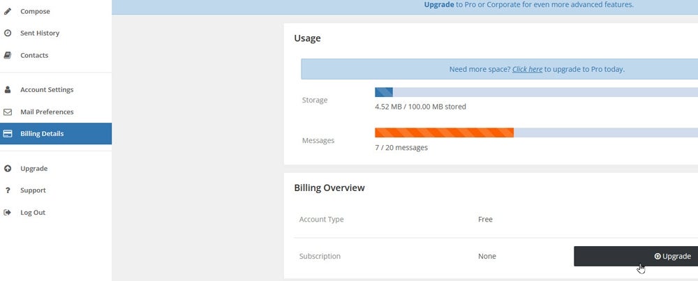 Billing and usage overview in Sendinc with the option to Upgrade highlighted