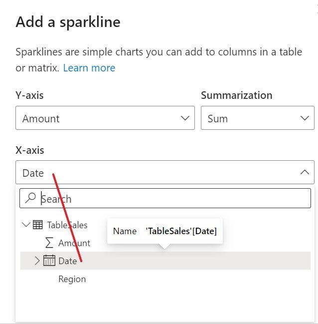 Add a sparkline menu in Power BI with the Date field selected for the x-axis
