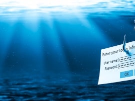 Login Information Attached To Large Hook Under Water With Sunlight - Phishing Concept.