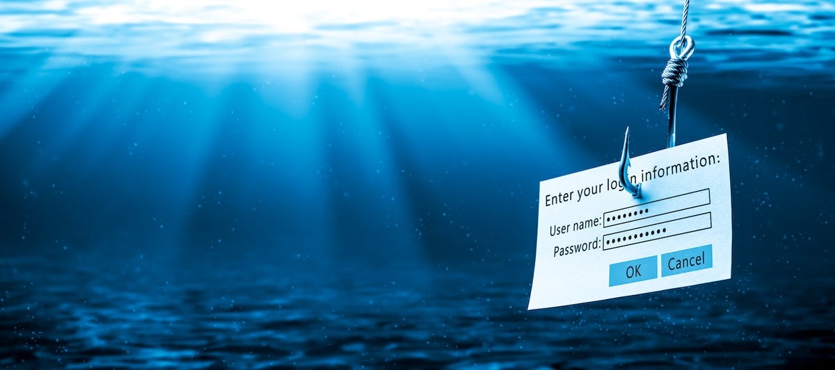 Login Information Attached To Large Hook Under Water With Sunlight - Phishing Concept.