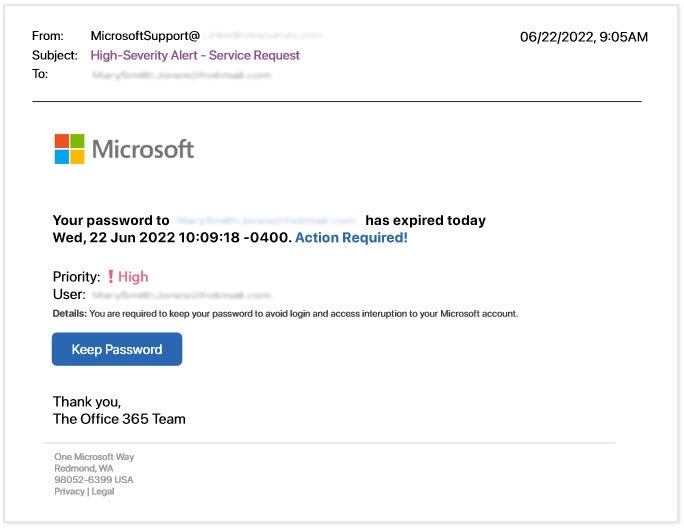 A credential phishing email spoofing Microsoft.