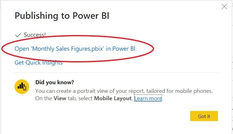 In Power BI, click the link to see the published report. 