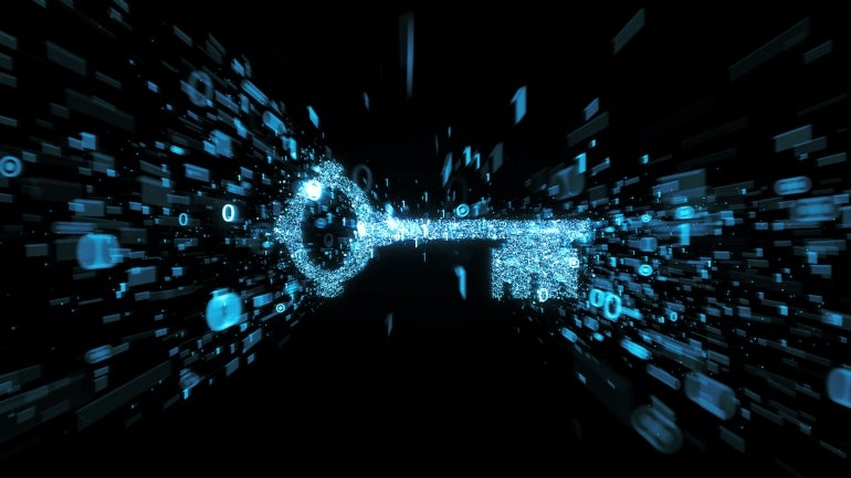 Glowing blue digital key with streaming binary numbers illustrating cyber security and encryption