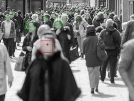 thermal cameras tracking crowd of people to protect their health. cctv monitoring and facial recognition concept