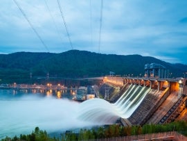 view of the hydroelectric dam, water discharge through locks