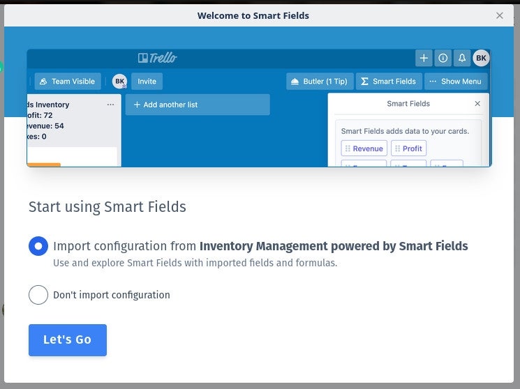 Smart Fields menu option to Import configuration from Inventory Management powered by Smart Fields