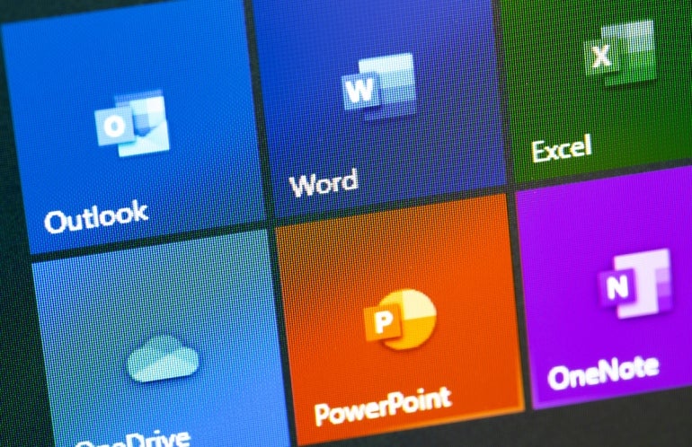 Microsoft Office icon apps on the display notebook closeup. Microsoft Office is an office suite of applications created by Microsoft. Moscow, Russia - August 24, 2019