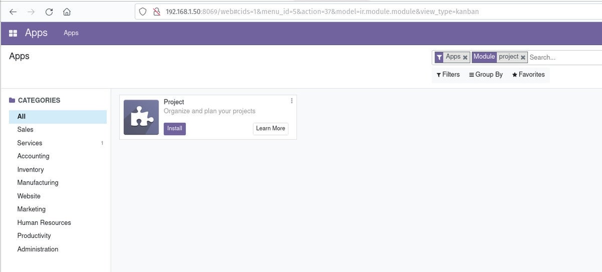 Installing the Project app in ODOO.