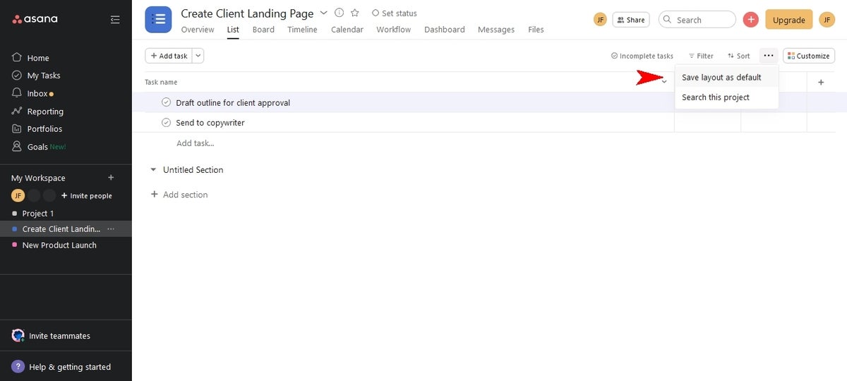 Save Layout as Default option highlighted in the Create Client Landing Page dashboard