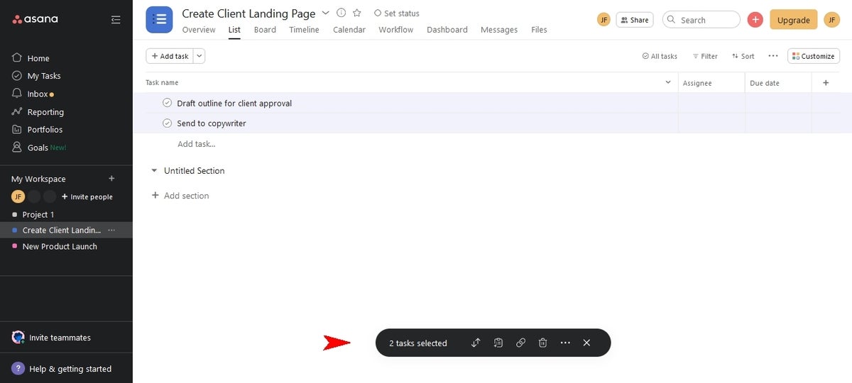 multiple tasks selected in the Create Client Landing Page dashboard in Asana