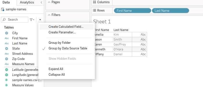 Create Calculated Field menu option in Tableau