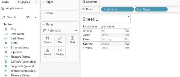 viewing first and last name fields in the Tableau Rows preview
