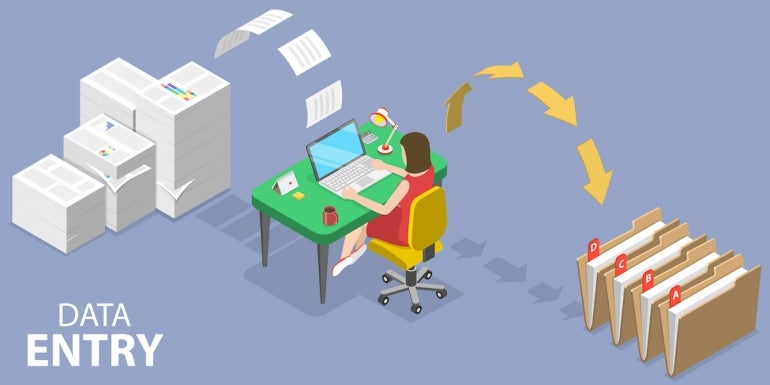 3D Isometric Vector Conceptual Illustration of Data Entry Specialist.