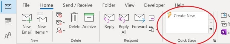 The Create New option circled in the Quick Steps menu in Microsoft Outlook