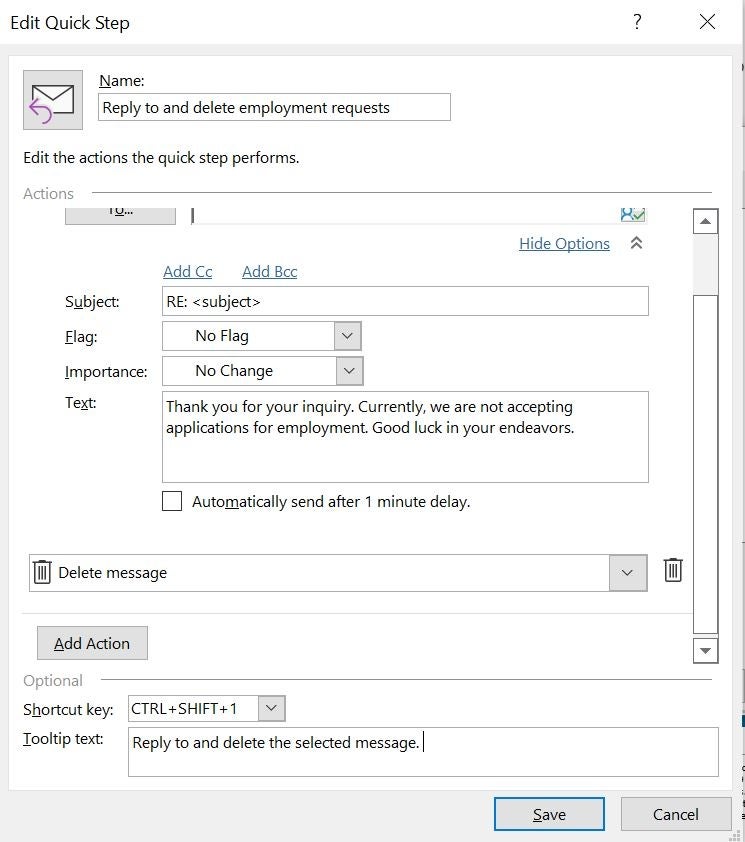Edit Quick Menu dialog box in Microsoft Outlook