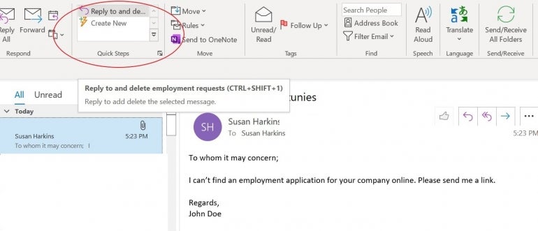 Quick Steps menu option circled in Microsoft Outlook