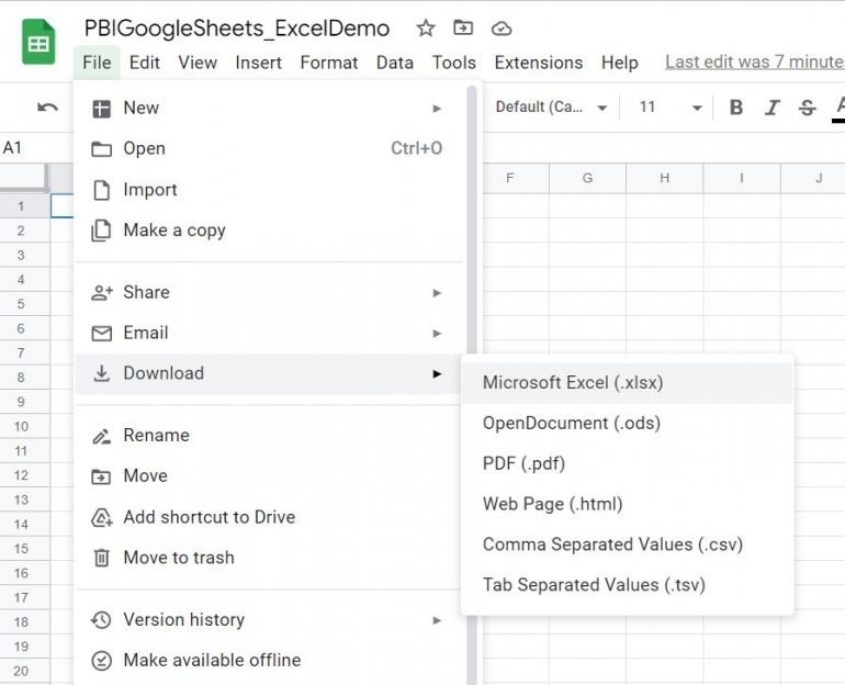Download and convert a Google sheet to an Excel .xlsx file.