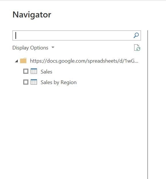 Power BI’s Navigator displays both sheets in the Google Sheets file.
