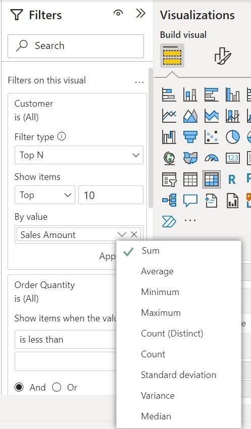 The Filters options in Power BI with the By value drop-down open