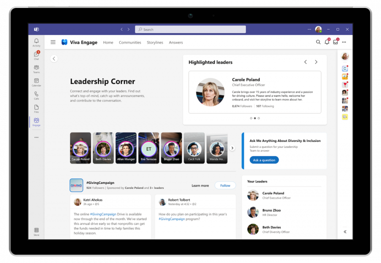 AMAs and company town halls in Viva Engage’s Leadership Corner can help with company culture.