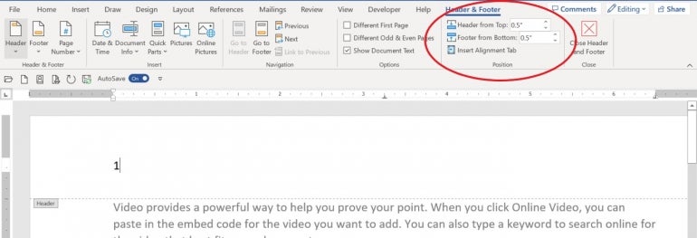 Header and Footer section circled in the Microsoft Word ribbon