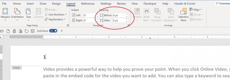 the Before and After spacing settings in the Microsoft Word Layout ribbon