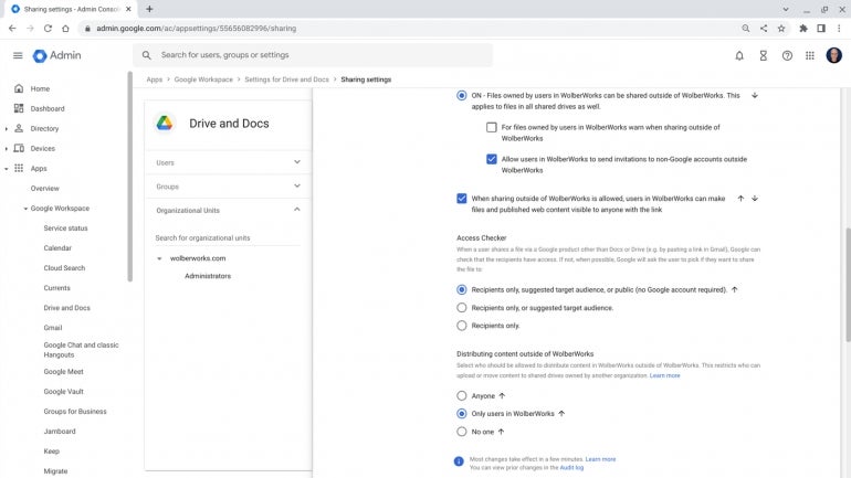Google Workspace Google Drive external sharing settings