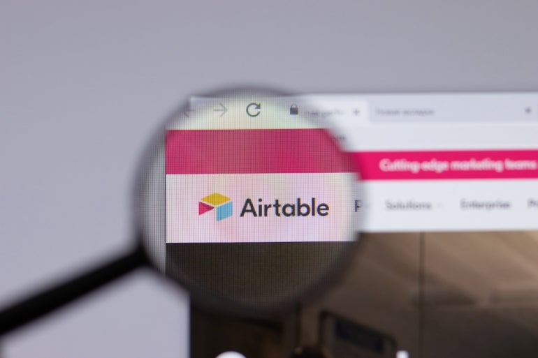 New York, USA - 26 April 2021: Airtable logo close-up on website page, Illustrative Editorial.