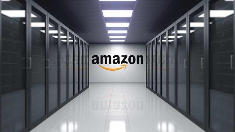 Amazon.com logo on the wall of the server room. Editorial 3D rendering