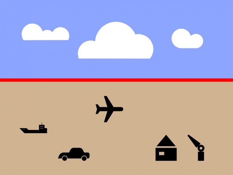 illustrations of some clouds above a boat, car, airplane, and home illustrations
