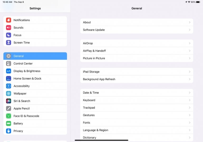 iPad General settings menu