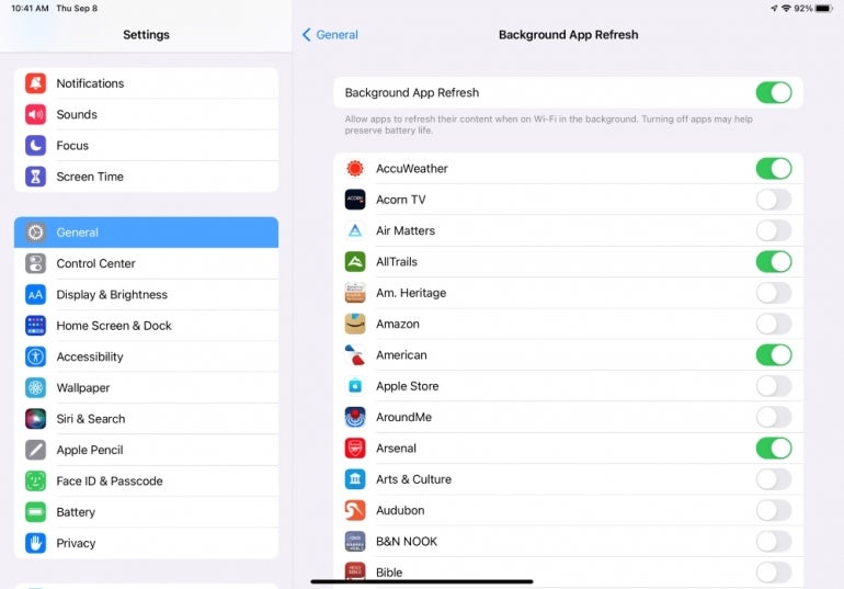 ipad background app refresh settings menu