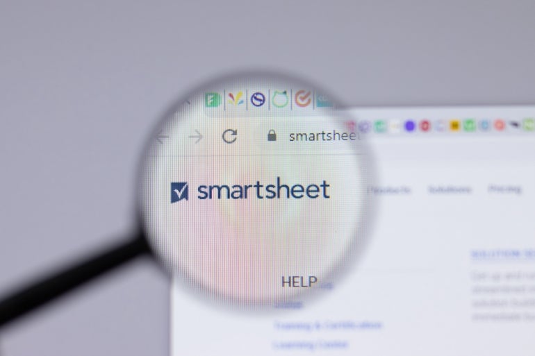 Smartsheet logo close-up on website page.