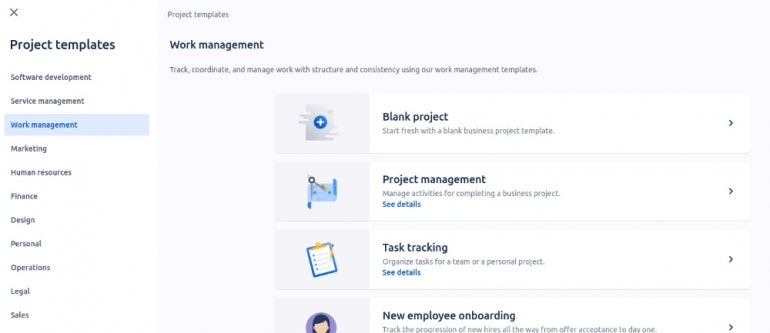 Project templates work management menu